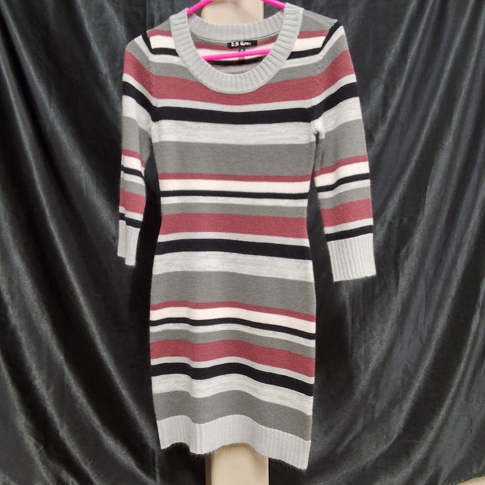 Striped Long Sleeve Knit Dress - Grey, Mauve & Black